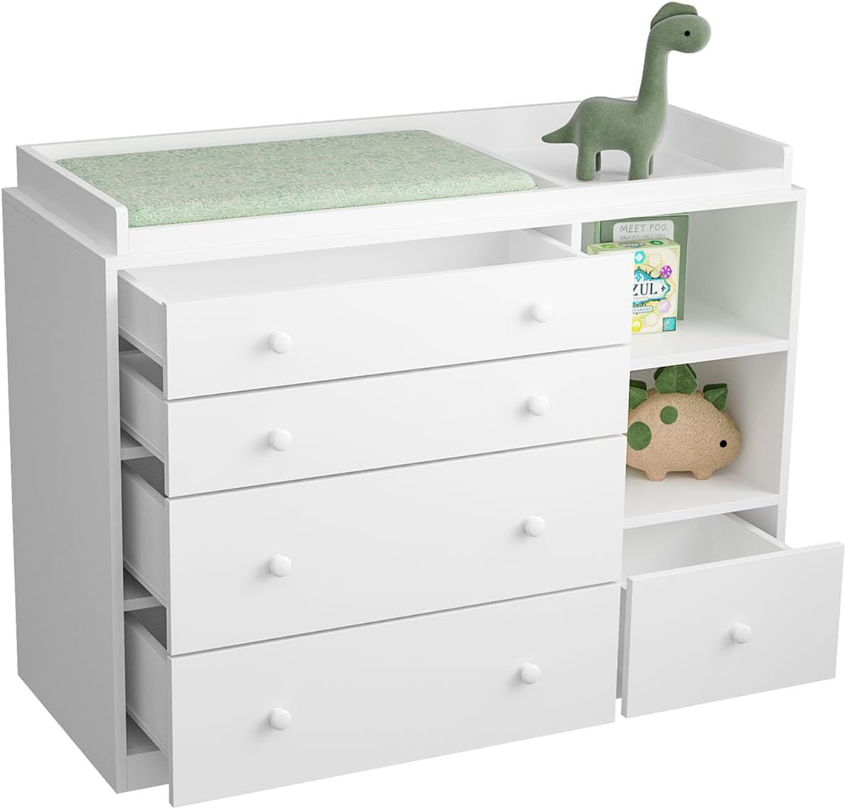 Timechee Changing Table Dresser, Baby Classic Nursery Dresser with 5 Drawers and 2 Shelves, Multi-Functional Baby Changing Table, Diaper Changing Station for Children's Room, White