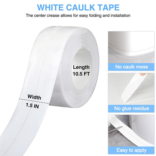 2 Rolls Caulk Tape Self Adhesive, Bathroom Waterproof White Caulking Sealant Strip Peel & Stick Wallpaper Floor Tile Toilet Tub Sink Backsplash Kitchen Wall Decor, Easier to Use Than Silicone Caulk