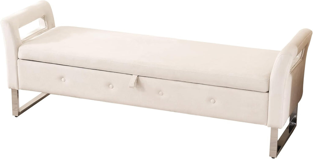 GDFStudio Velvet Storage Bench with Hidden Compartment - Upholstered Ottoman for Entryway, Bedroom, Living Room - Soft Foam Cushion, Sturdy Silver Metal Legs, Easy Assembly - Beige Storage Seat