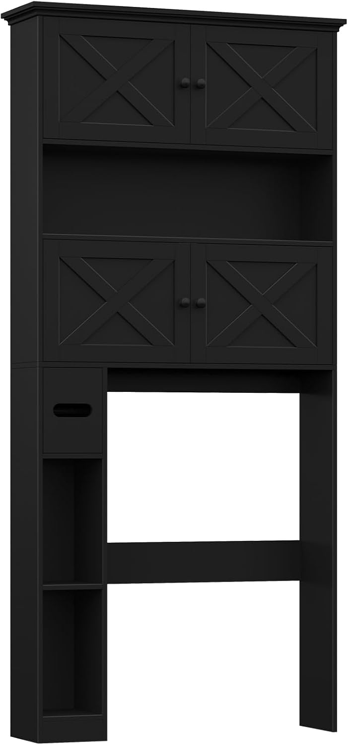 Halitaa Over The Toilet Storage Cabinet, Farmhouse Storage Cabinet Over Toilet with 4 Barn Doors & Toilet Paper Holder Stand, Black Toilet Shelf Home Space Saver for Restroom, Bathroom, Laundry