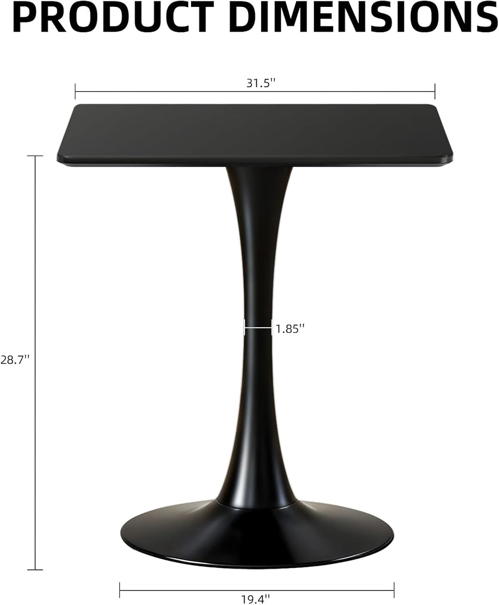 Square Dining Table, 31.5" Tulip Table with Thickened Tabletop & Metal Pedestal, Mid Century Modern Bistro Table for Kitchen, Small Places, Living Room, Cafe (Black)