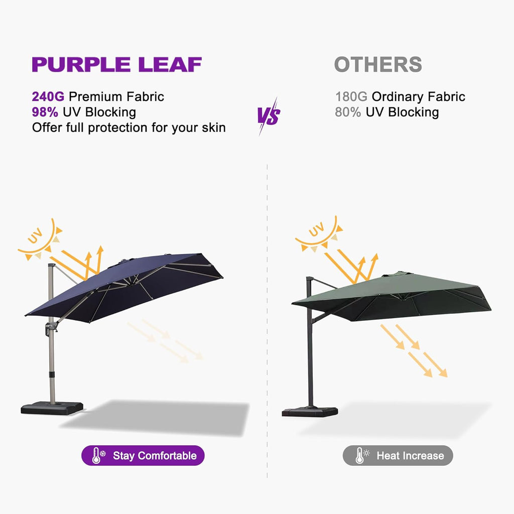 PURPLE LEAF 10’ X 10‘ Patio Umbrella Outdoor Cantilever Umbrella, Aluminum Offset Umbrella with Champagne Frame and 360° Rotation for Pool Deck Garden, Navy Blue