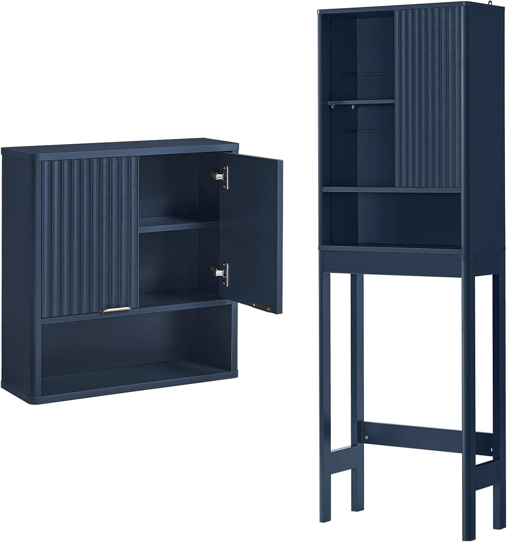 LEYAOYAO Fluted Over The Toilet Storage Cabinet & Bathroom Wall Cabinet Set of 2, Farmhouse Above Toilet Organizer, Medicine Cabinet w/Adjustable Shelf & Doors for Laundry Living Room Kitchen(Blue)