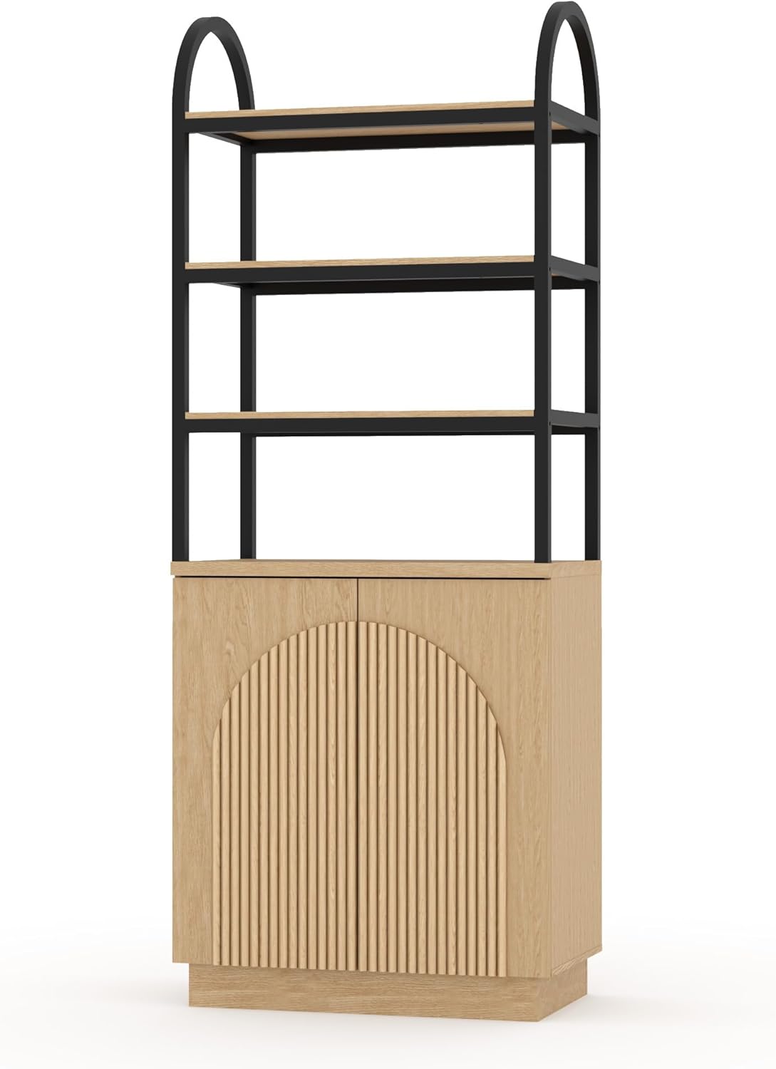 Brafab 71" Arched Bookcase with Reeded Design Doors, 7-Tier Bookshelf with Storage and Cabinet,Metal Frame Adjustable Shelves, for Living Room, Office, Library,Study (Natural Oak, 1 PCS)