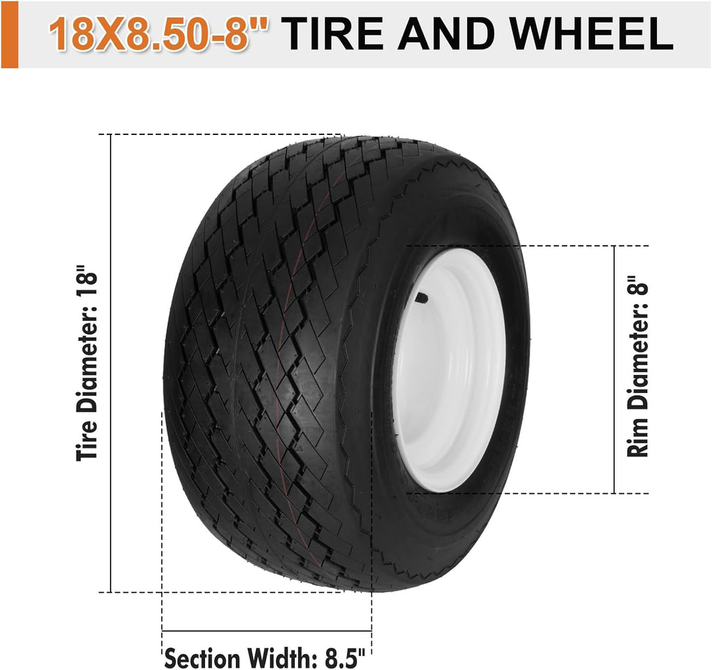 4 Pack 18x8.50-8 Golf Cart Tires with Wheel Assembly, 4-Lug 4" Center Hub, Compatible with Club Car, Cushman, E-Z-GO Golf Carts