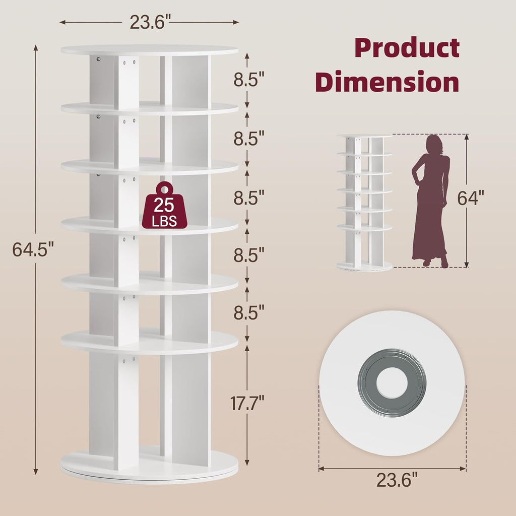 JUMMICO Rotating Shoe Rack Tower, 6-Tier Vertical Closet Storage Organizer for Shoes, Handbags & Tall Boots, 360° Spinning Lazy Susan Base, Space-Saving for Bedroom & Closet (White)