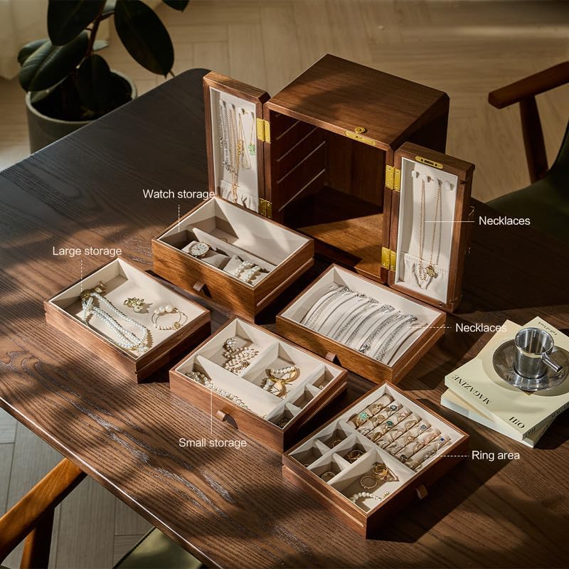 Lockable Walnut Jewelry Box with Key, 5-Layer Jewelry Organizer Storage Box for Necklaces, Rings, Earrings & Bracelets - Mothers Day Gifts for Mom