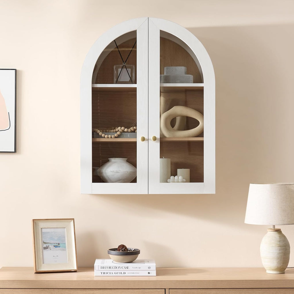 Bathroom Arched Wall Cabinet, 23.5'' Wide Medicine Cabinet, Bathroom Cabinet Wall Mount with Glass Doors & Adjustable Shelves, Over The Toilet Storage Cabinet for Laundry Room, Bedroom,Kitchen, White