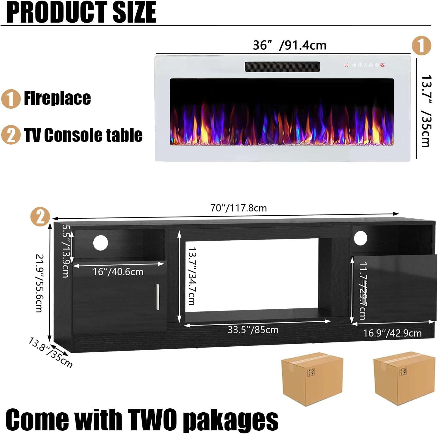 VITESSE TV Stand Fireplace with 36" inch Electric Fireplace Up to 80" TVs, LED Light Entertainment Center, 70" Modern Wood High Gloss with Highlight Storage Cabinet for Living Room (Black)