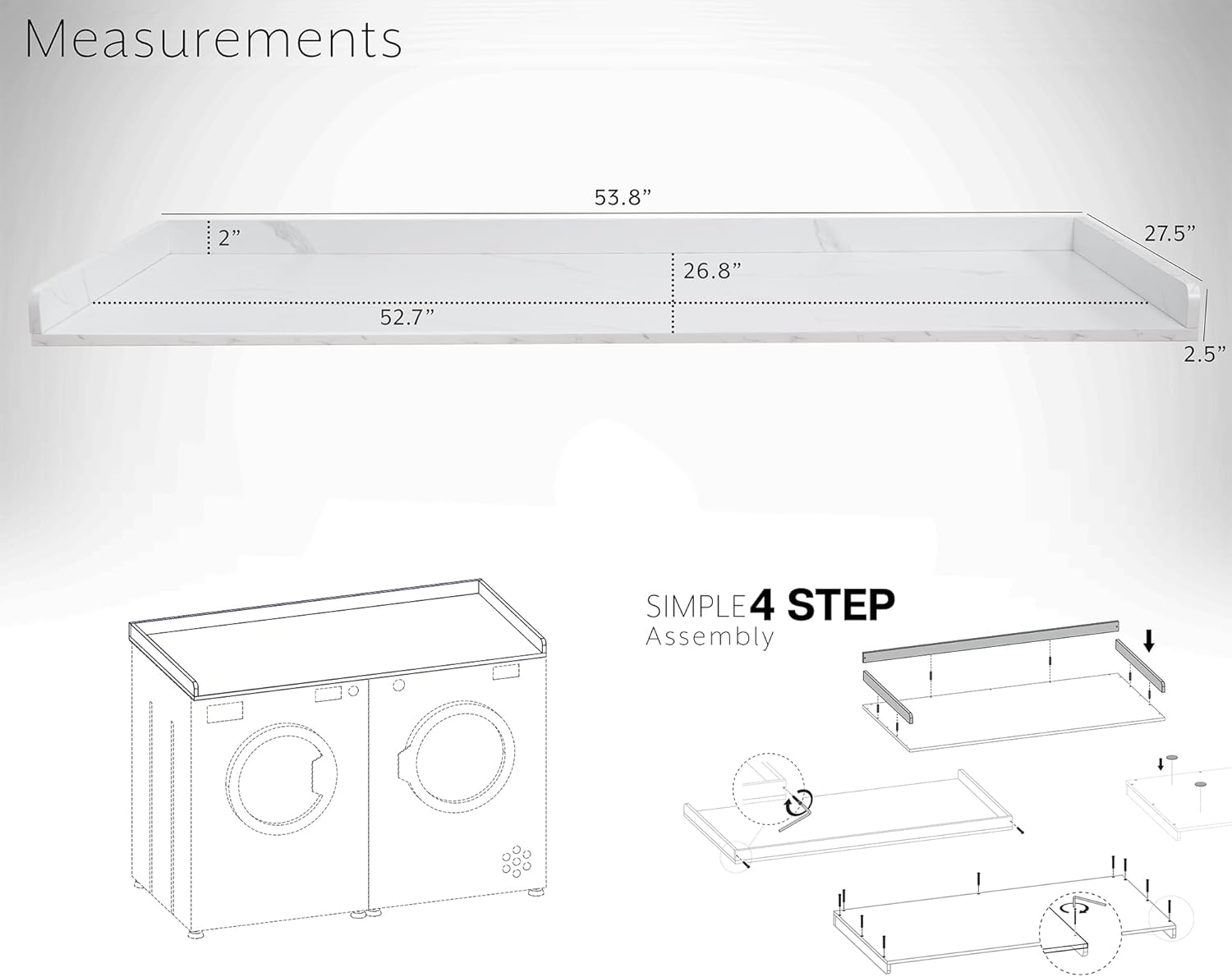 Life Finds 54 inch Washer Dryer Countertop with Safety Ledge for Laundry Room Organization, White Marble Pattern, LF-WDCT1WM