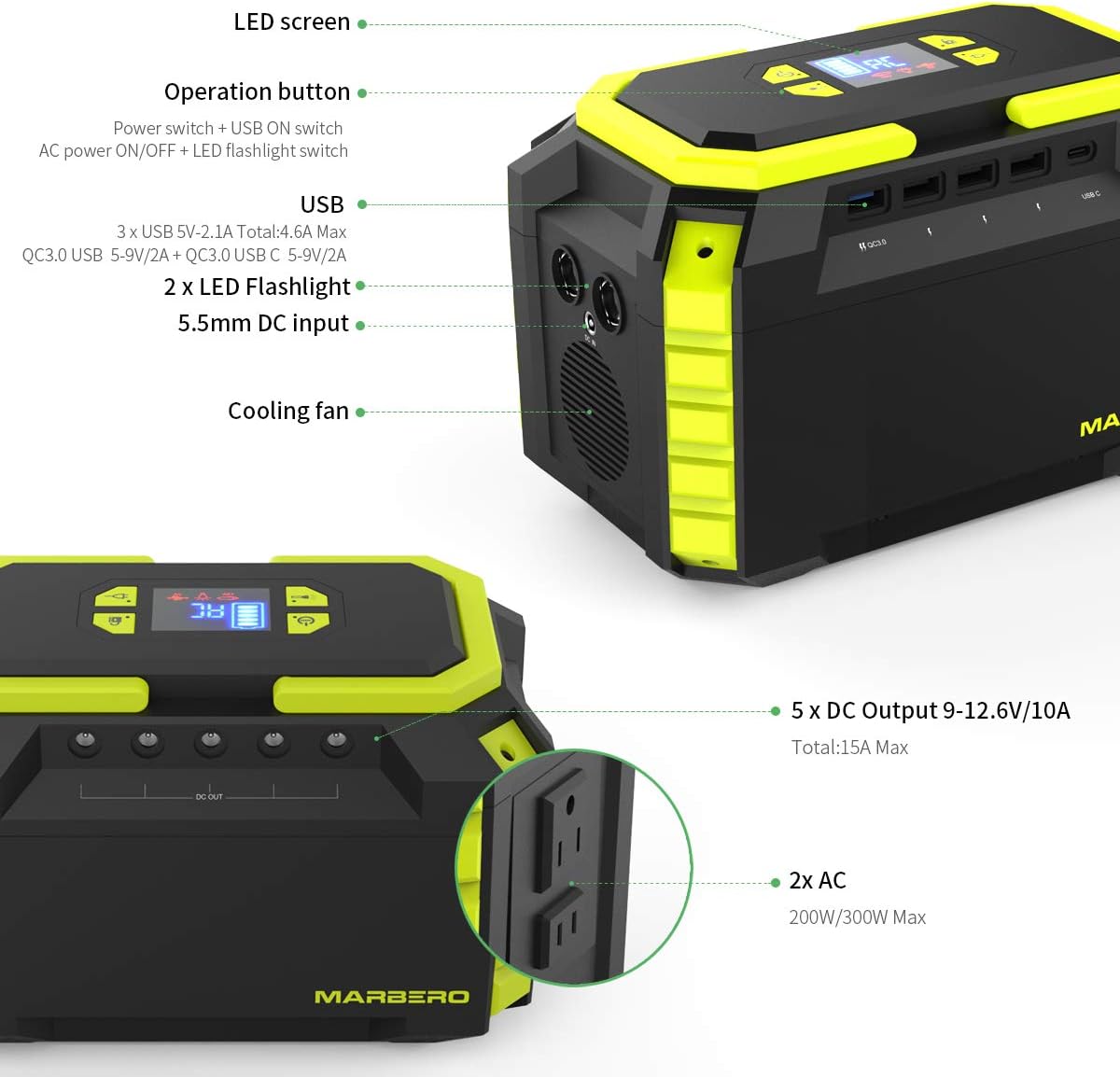 MARBERO 222Wh Portable Power Station 200W Outdoor Generator 60000mAh with AC Outlet 110V 200W DC USB LED Flashlights Lithium Battery Power Supply for CPAP Camping Backup Emergency Home