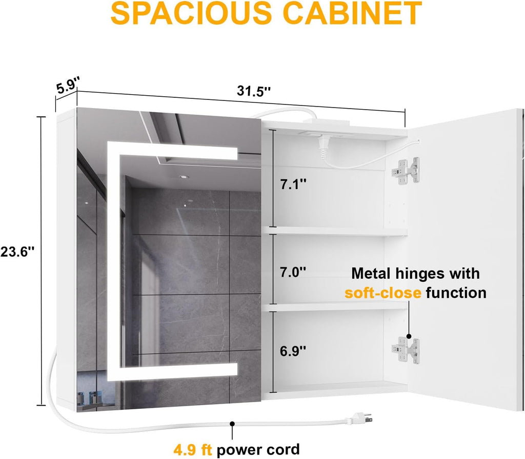 Snughome Bathroom Medicine Cabinet with Mirror and LED Lights, Wall Mount Bathroom Mirror with Storage, Anti-Fog, Built-in Power Outlets, Dimmable 3 Color Temp, Antirust Easy to Install, 31.5" x 23.6"