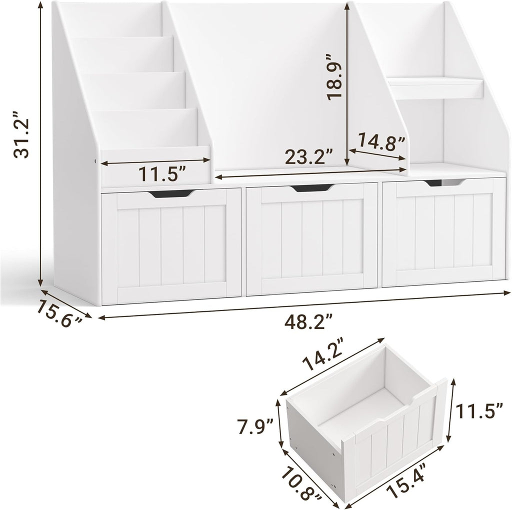Gizoon Kids Bookshelf with Reading Nook, Kids Toy Storage Organizer with 3 Movable Drawers, Kids Reading Nook with Bench for Kidsroom Playroom and Bedroom, White