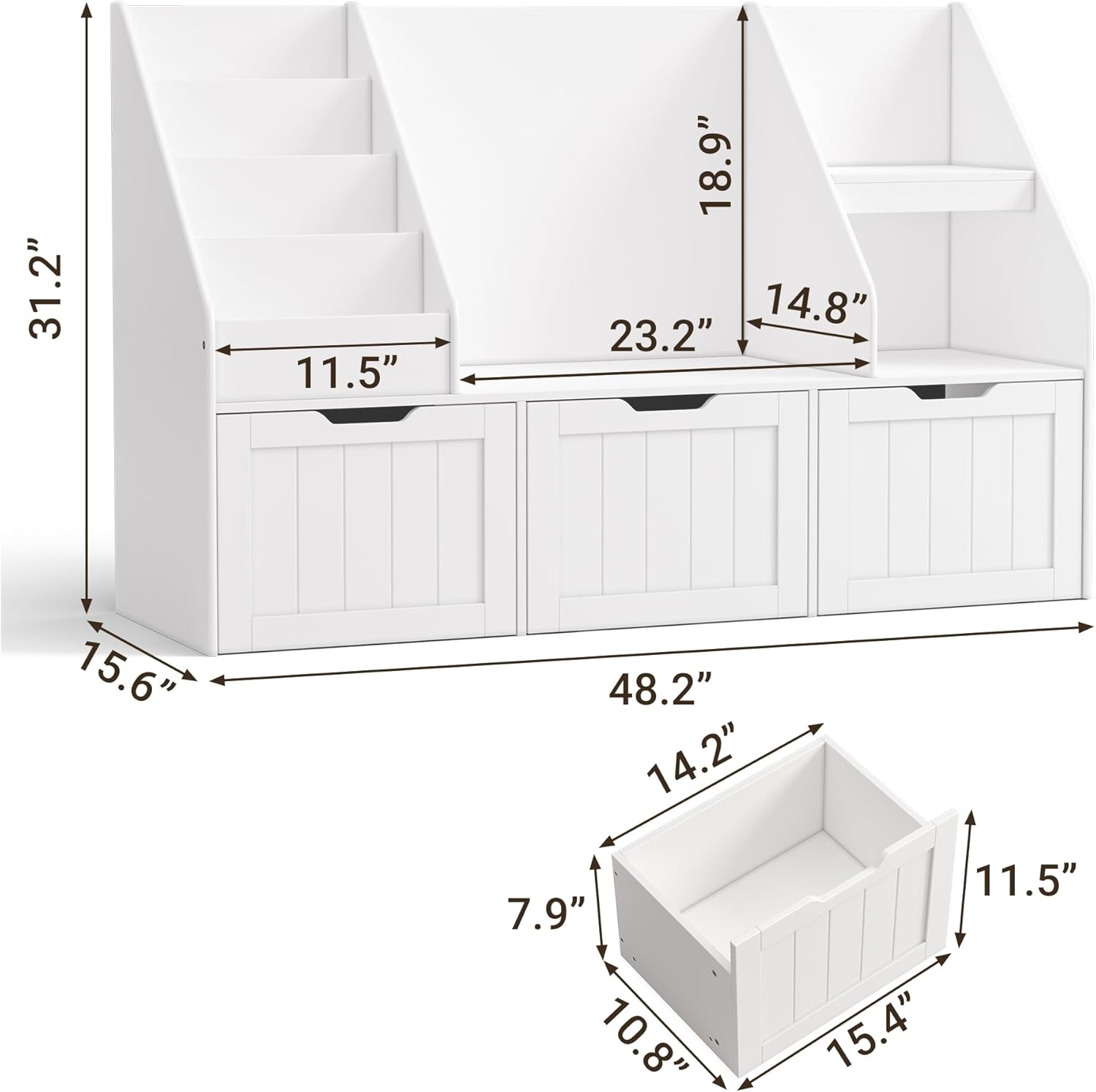 Gizoon Kids Bookshelf with Reading Nook, Kids Toy Storage Organizer with 3 Movable Drawers, Kids Reading Nook with Bench for Kidsroom Playroom and Bedroom, White