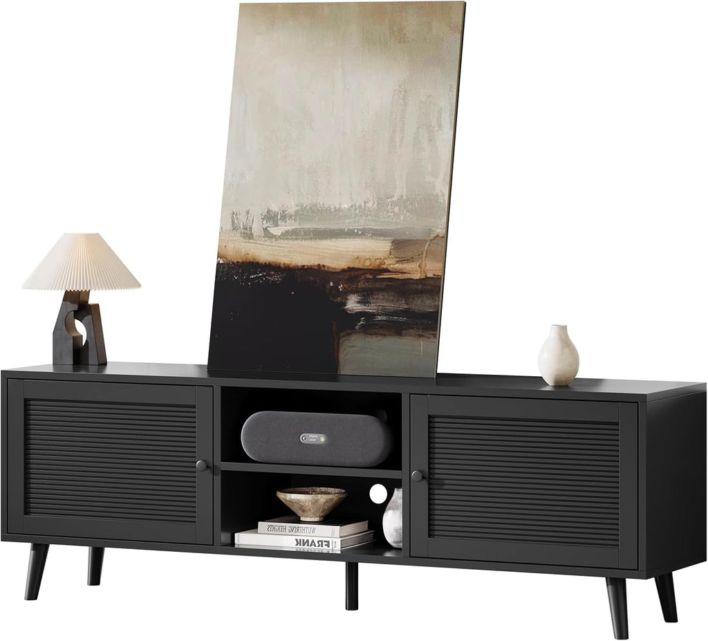 TV Stand for 70 inch TV, Black Fluted Entertainment Center for TV up to 80", TV Stand for Living Room with Large Open Storage
