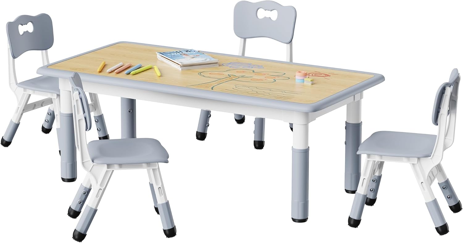 Brelley Kids Table and 4 Chairs Set, Height Adjustable Toddler Desk and Chair Set, Graffiti Desktop, Non-Slip Legs, Max 300lbs, Children Multi-Activity Table for Ages 2-8