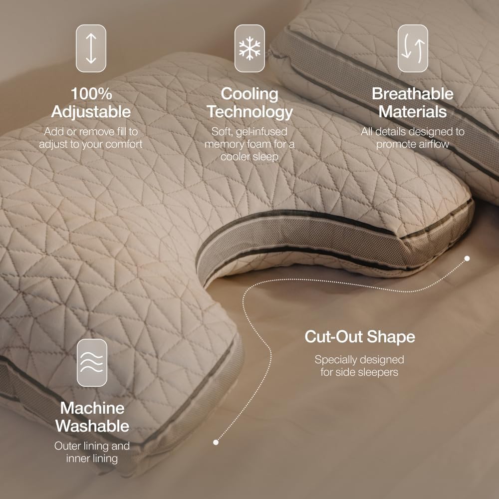 Coop Home Goods Eden Cut-Out Bed Pillow for Side Sleepers, Queen Size, Adjustable Medium Soft Memory Foam Cooling Pillow with Ergonomic Shoulder Cut-Out, CertiPUR-US/GREENGUARD Gold