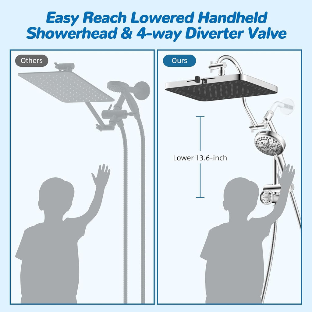 Hibbent cUPC Certified 13'' Shower Head Combo, High Pressure 5 Spray Rainfall Showerhead, 10 Spray Mode Handheld, All Metal Easy Reach 4-way Diverter Arm with Pause Mode, 71'' Hose and Holder, Chrome