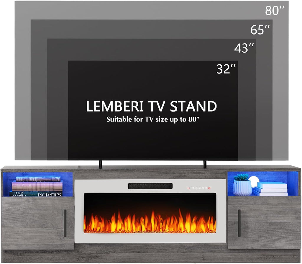 Lemberi Fireplace tv Stand with 36 inch White Fireplace Up to 80" TVs,LED Light Entertainment Center and Storage, 70" Modern Wood Media TV Console with Highlight Cabinet for Living Room (Gray)