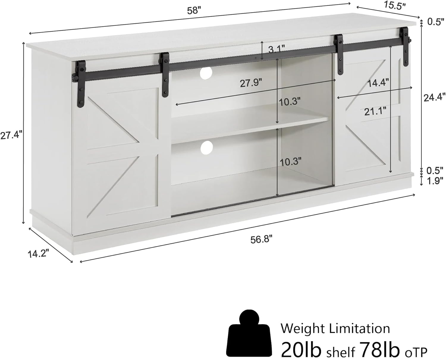 58" Farmhouse TV Stand and Entertainment Center for Televisions up to 65 Inchs,with Sliding Barn Doors and Storage Cabinets (White, Farmhouse TV Stand and Entertainment Center)