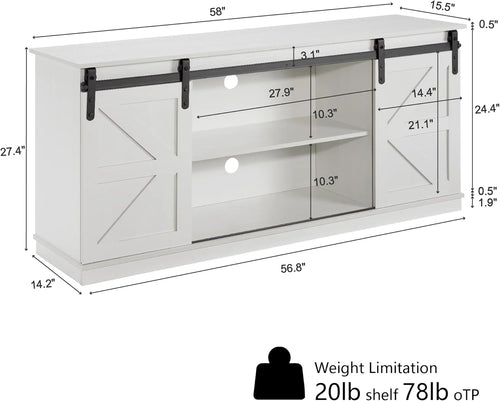 58" Farmhouse TV Stand and Entertainment Center for Televisions up to 65 Inchs,with Sliding Barn Doors and Storage Cabinets (White, Farmhouse TV Stand and Entertainment Center)