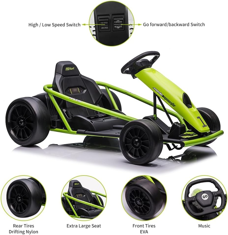 24V Go Kart for Kids 8-12 Years, 300W*2 Extra Powerful Motors, 9Ah Large Battery 8.1MPH High Speed Drifting with Music, Horn,Max Load 155lbs Outdoor Ride On Toy for Teens (Green)