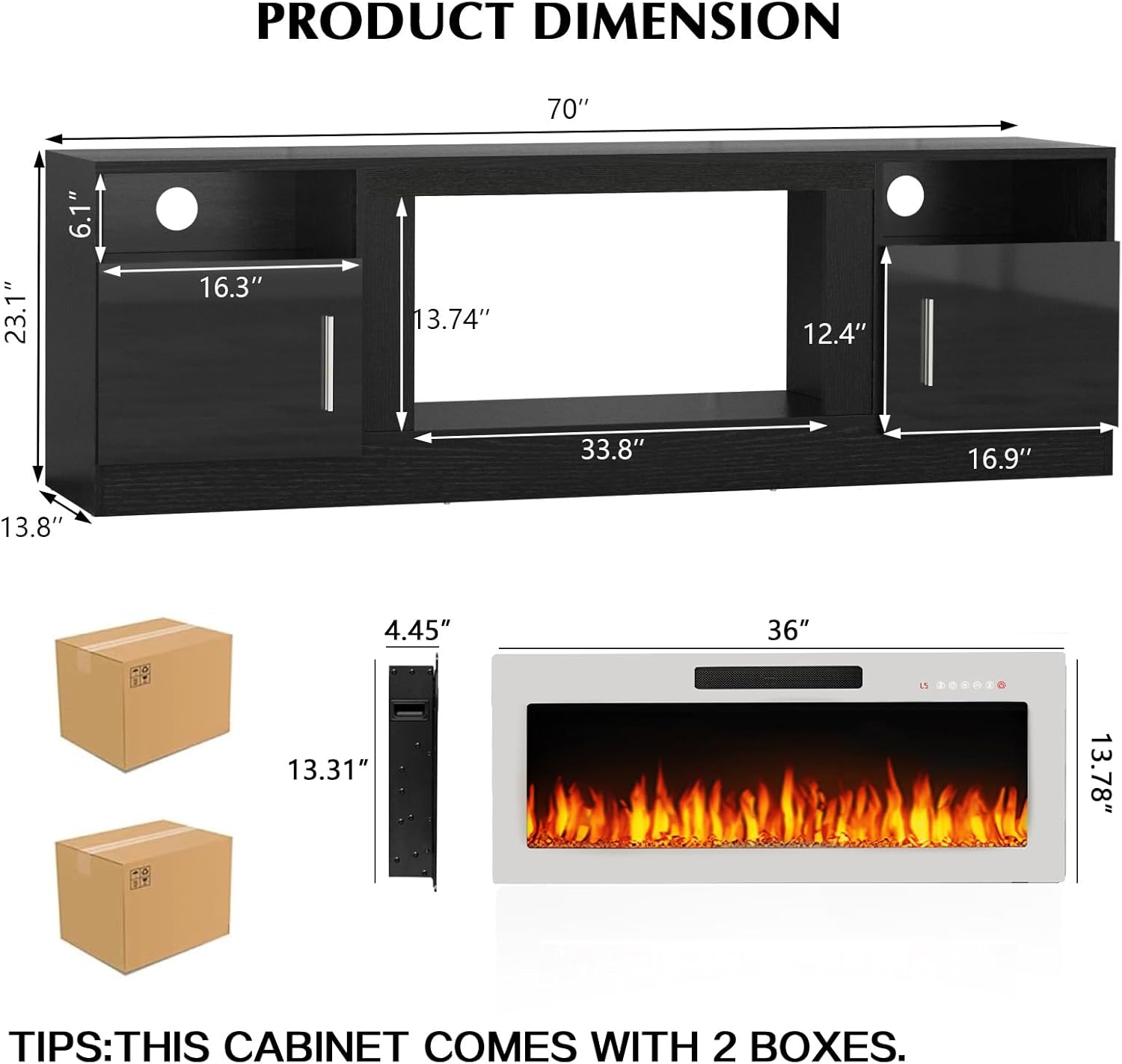 Lemberi Fireplace tv Stand with 36 inch White Fireplace Up to 80" TVs,LED Light Entertainment Center and Storage, 70" Modern Wood Media TV Console with Highlight Cabinet for Living Room