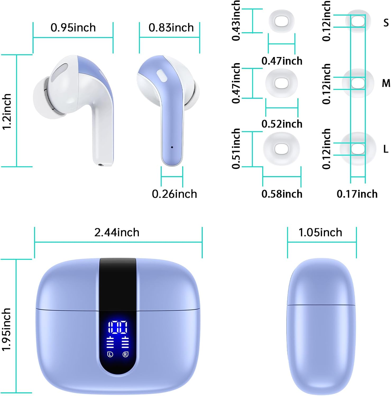 TAGRY Bluetooth Headphones True Wireless Earbuds 60H Playback LED Power Display Earphones with Wireless Charging Case IPX5 Waterproof in-Ear Ear buds with Mic for TV Smart Phone Laptop Computer Sports
