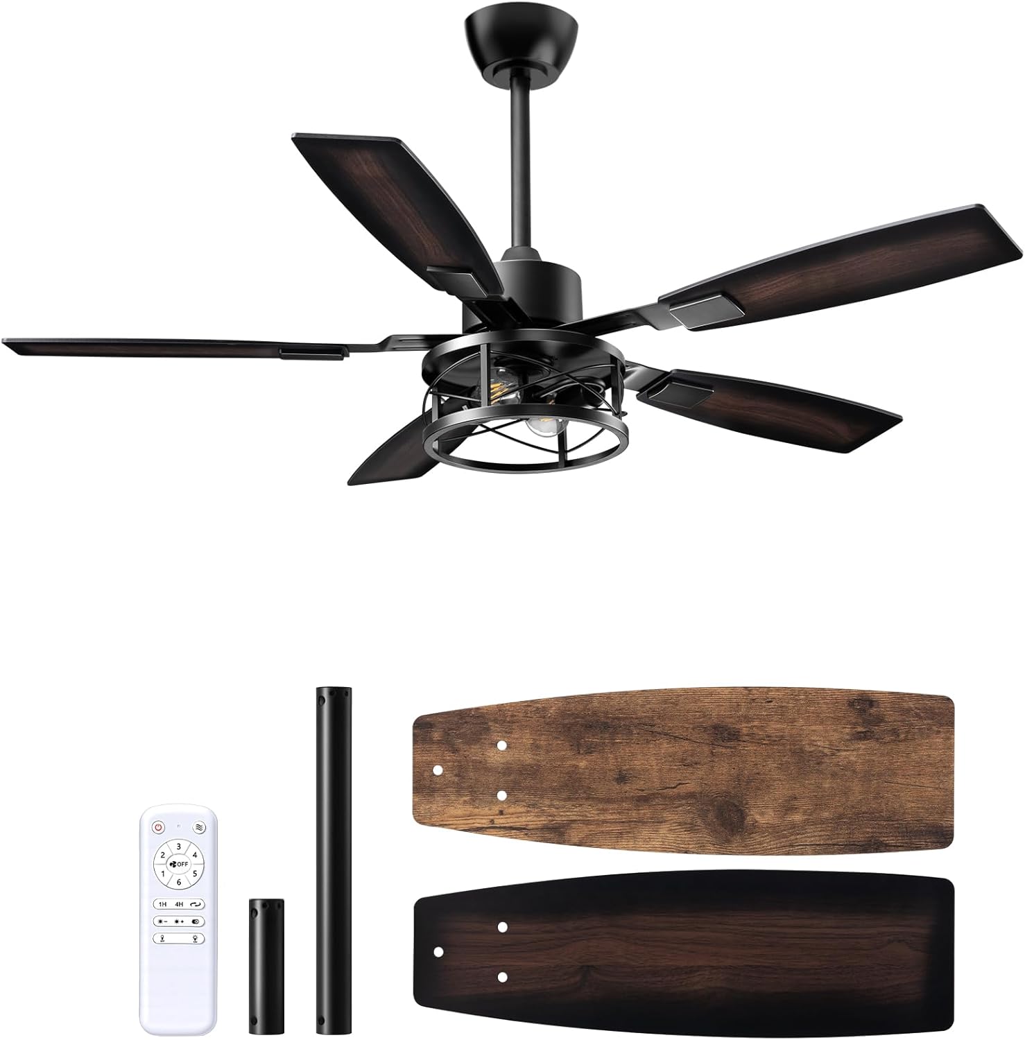 EDISHINE 52" Farmhouse Ceiling Fans with Lights and Remote, 10%-100% Dimmable, Reversible DC Motor, 6 Speed, 5 Wooden Blades, Timer, Rustic Caged Fandelier Ceiling Fan for Living Room, Bedroom