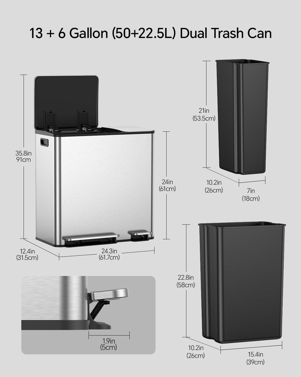 Lovewind Dual Trash and Recycling Bins for Kitchen, 13+6 Gallon Stainless Steel Garbage and Recycle Bin Combo for Large Families, Dual Trash Can with Soft Close Lid & Magnetic Stickers, Silver