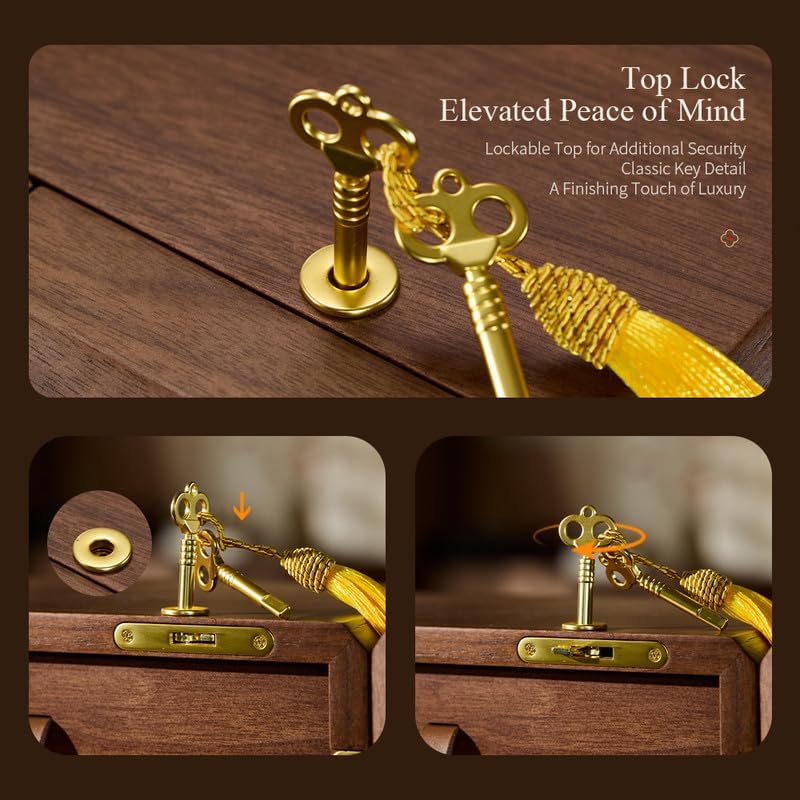 Lockable Walnut Jewelry Box with Key, 5-Layer Jewelry Organizer Storage Box for Necklaces, Rings, Earrings & Bracelets - Mothers Day Gifts for Mom