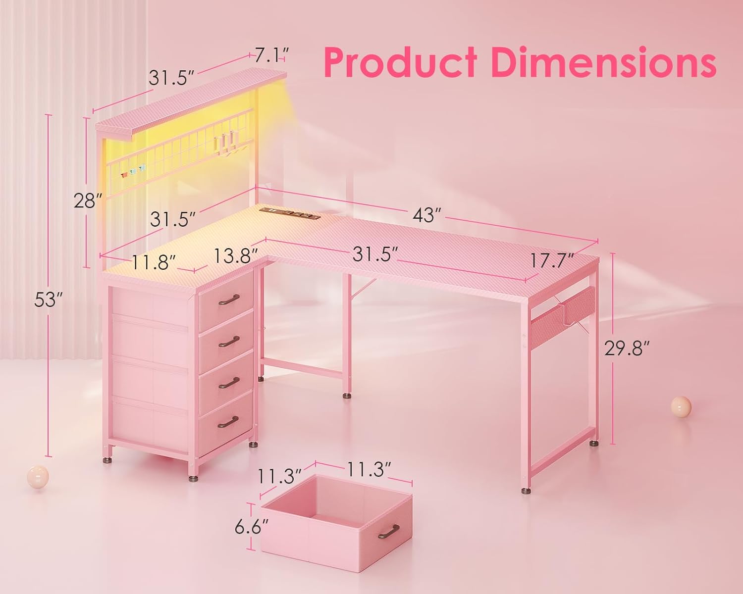 MOTPK L Shaped Gaming Desk with Drawers & LED Light & Power Outlet, 43" Reversible Computer Table with Shelves & Hooks for Home Office, Carbon Fiber Pink