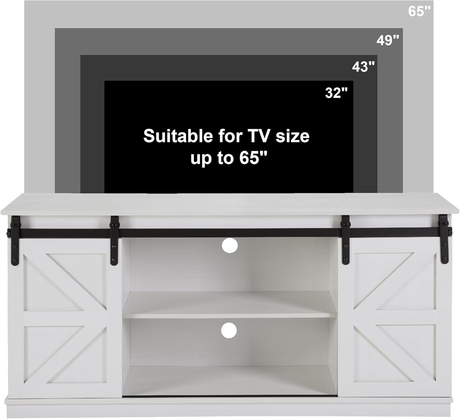 58" Farmhouse TV Stand and Entertainment Center for Televisions up to 65 Inchs,with Sliding Barn Doors and Storage Cabinets (White, Farmhouse TV Stand and Entertainment Center)