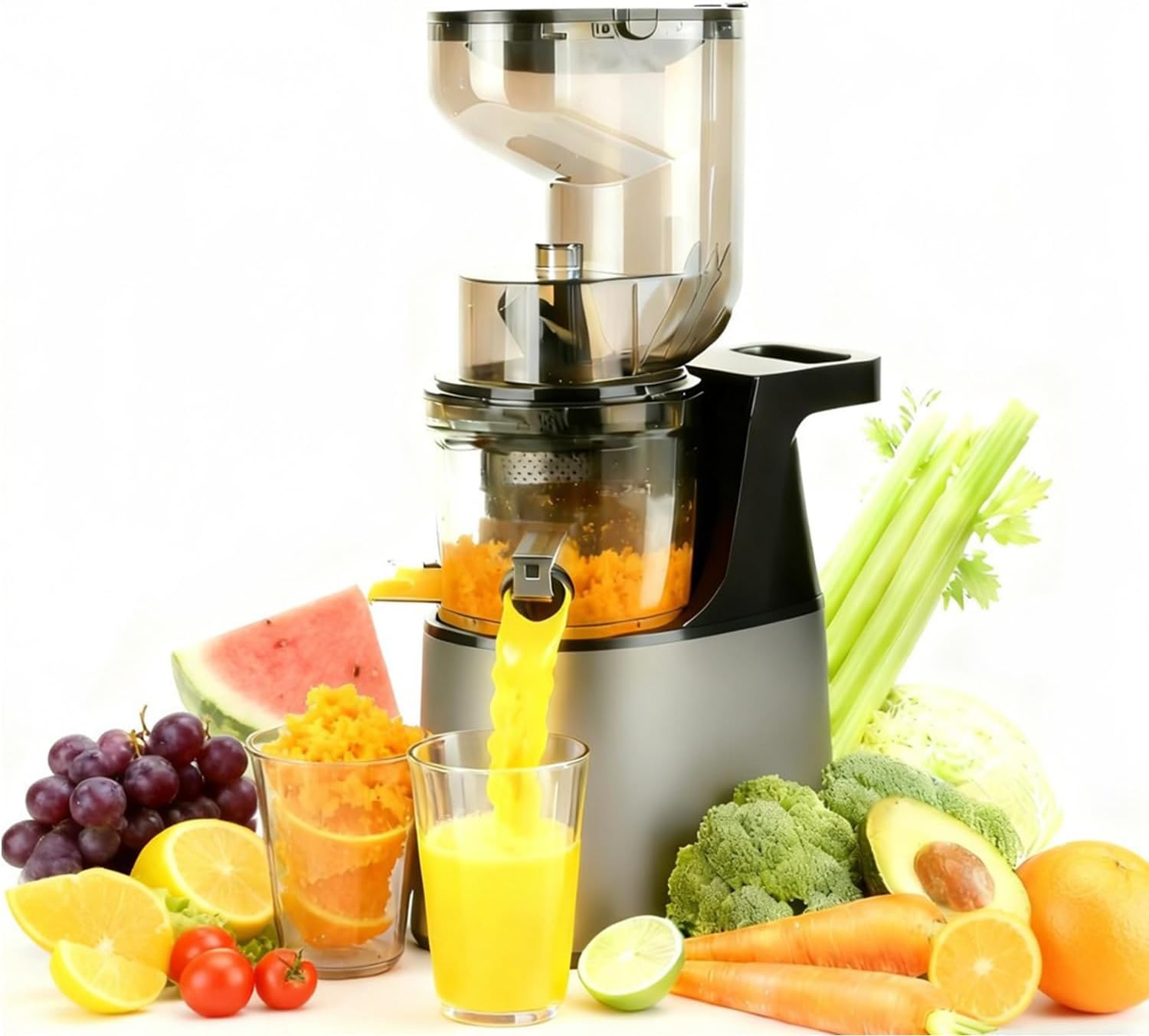 Cold Press Juicer,6.3" Wide Feed Chute Juice Extractor Machine,300W All-Copper Motor Slow Masticating juicer for Whole Vegetables & Fruits,Self Feeding for Juice Extractor Machine, High Juice Yield