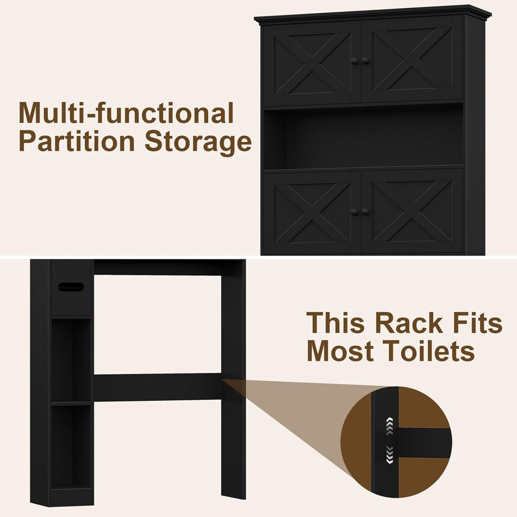 Halitaa Over The Toilet Storage Cabinet, Farmhouse Storage Cabinet Over Toilet with 4 Barn Doors & Toilet Paper Holder Stand, Black Toilet Shelf Home Space Saver for Restroom, Bathroom, Laundry