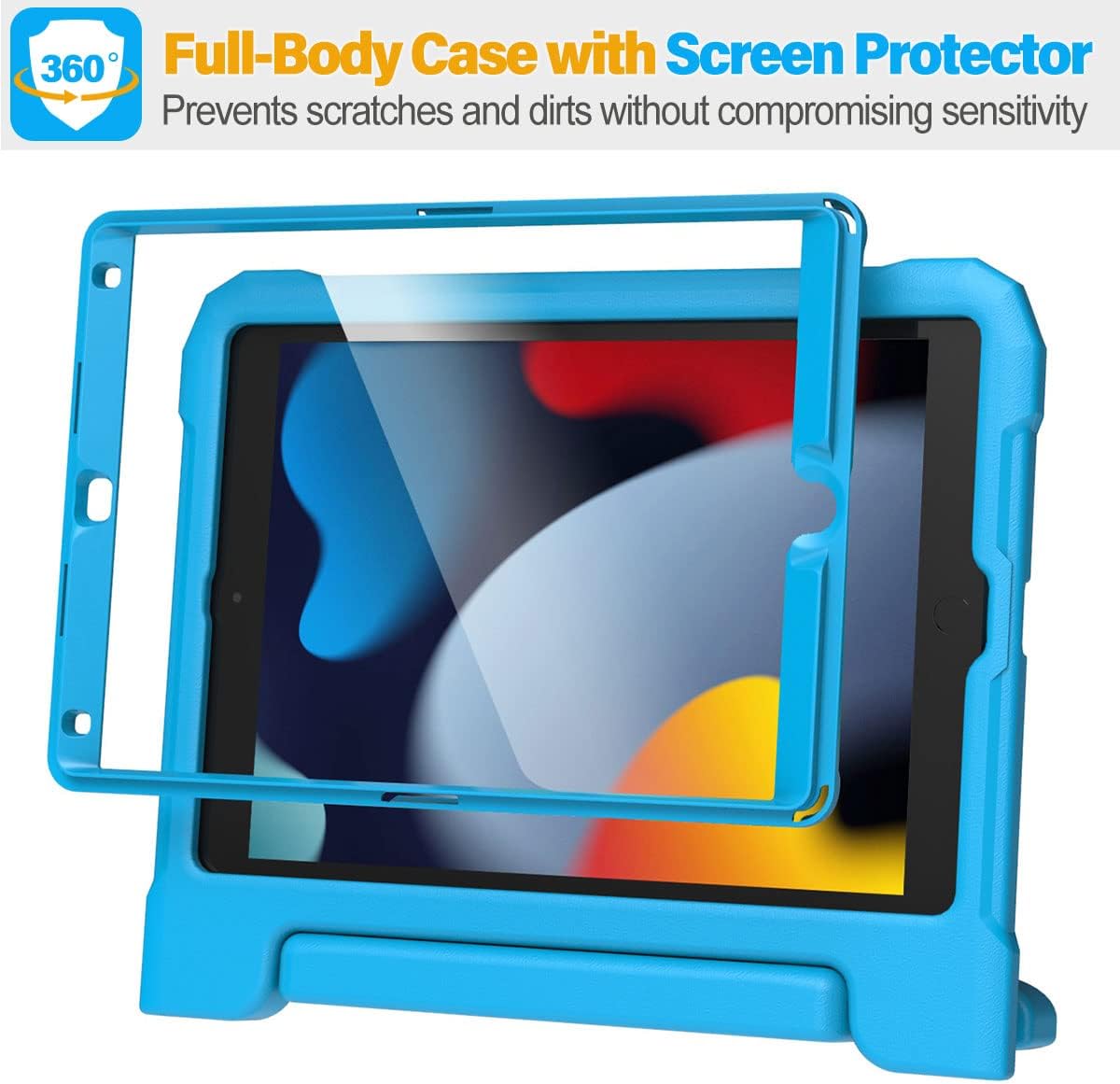 Kids Case for iPad 9th/8th/7th Generation -10.2 inch 2021/2020/2019, Built with Screen Protector, Durable Shockproof Handle Stand Case for Apple iPad Gen 9/8/7, Blue