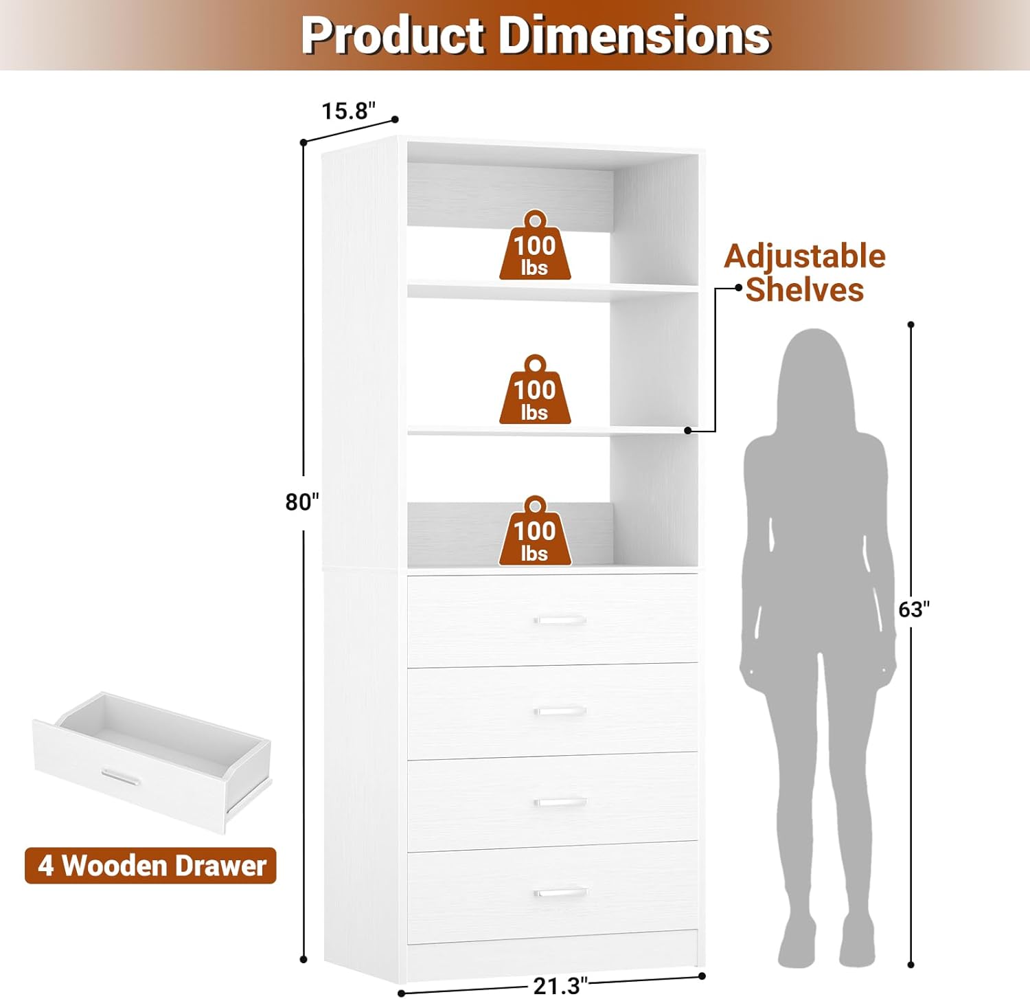 Aheaplus Closet Drawers System, 21.3" Wood Closet Organizer System with 4 Drawers, Modular Walk-in Closet System Storage Unit, Small Closets Wardrobe Rack, Tall Storage Cabinet Unit, White