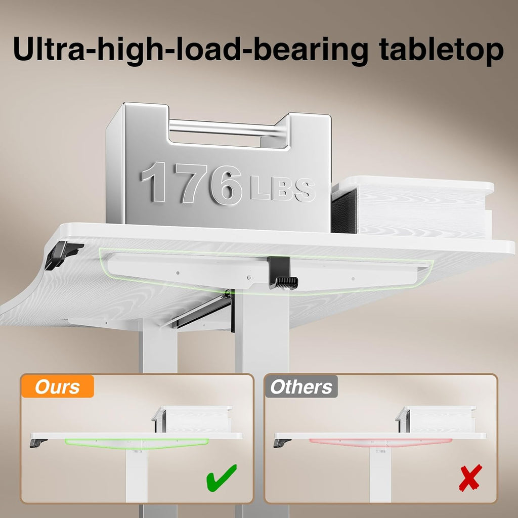 Veken 47.2"×27.6" Home Office Standing Desk with Monitor Riser, Adjustable Computer Desk with Drawers, Ergonomic Desk for Work, Study, Gaming, Crafting, White