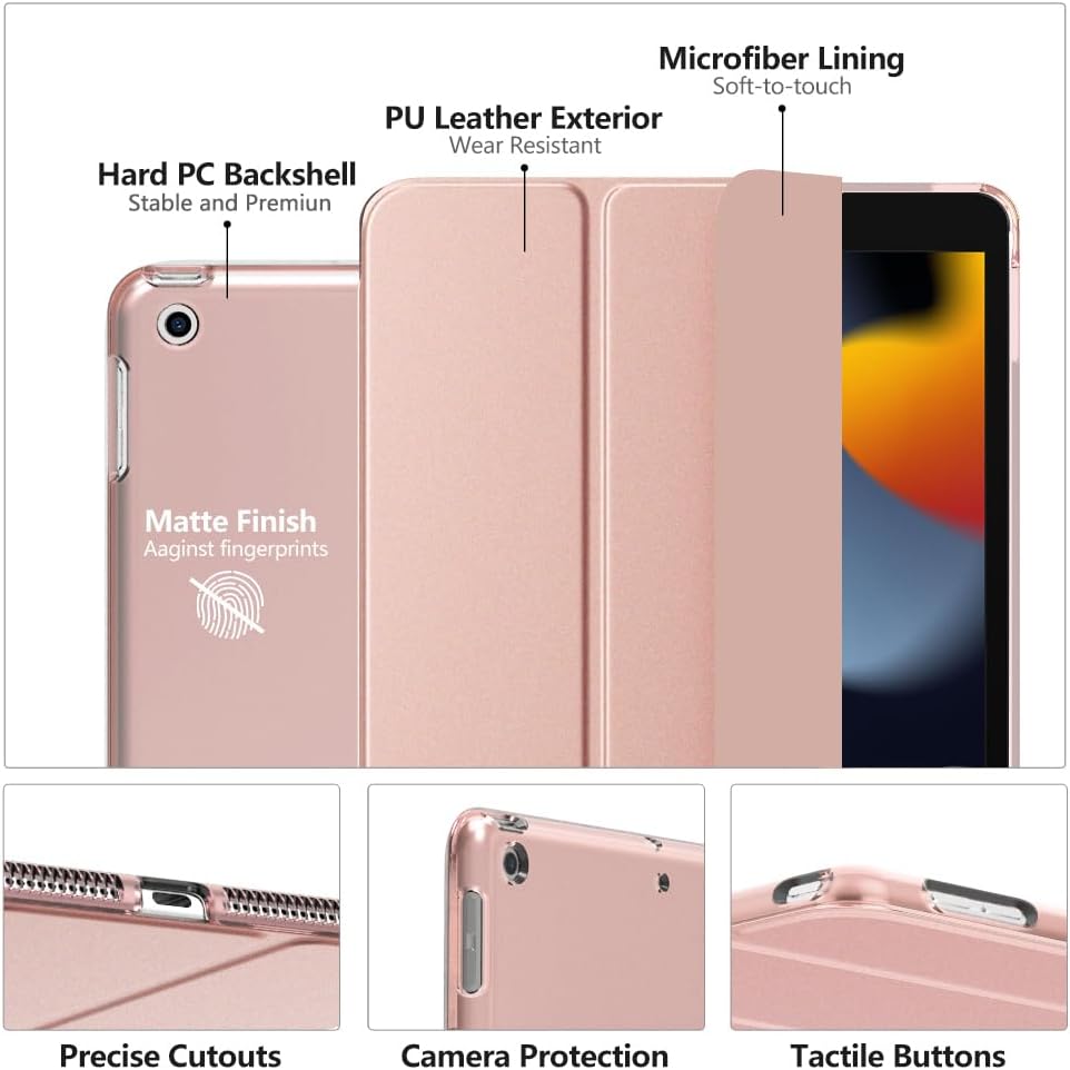 Case for iPad 10.2 iPad 9th Generation 2021/ iPad 8th Generation 2020/ iPad 7th Generation 2019, Slim Stand Hard Back Shell Smart Cover Case for iPad 10.2 inch, Auto Wake/Sleep, Rose Gold