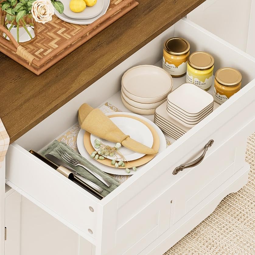 HOSTACK Kitchen Island Cart with Storage, 47'' Kitchen Storage Island on Wheels with 2 Drawers, Rolling Island Table with Adjustable Shelves, Mobile Buffet Sideboard Cabinet for Dining Room, White