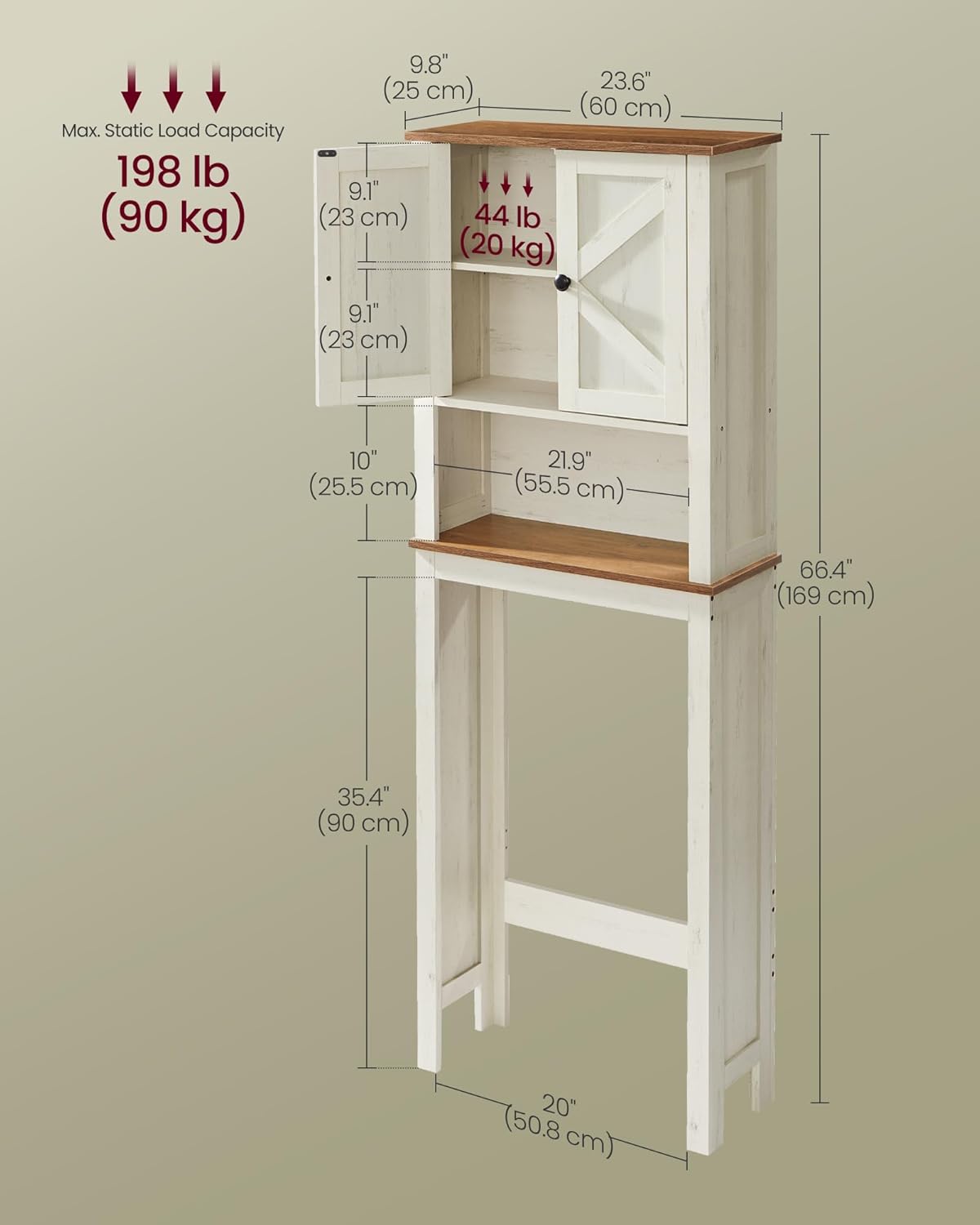 VASAGLE LIRY Collection - Over-The-Toilet Storage Cabinet, 23.6-Inch Wide Farmhouse Bathroom Organizer, with Barn Doors, Adjustable Shelf, Space-Saving, Rustic White UBTS026W01