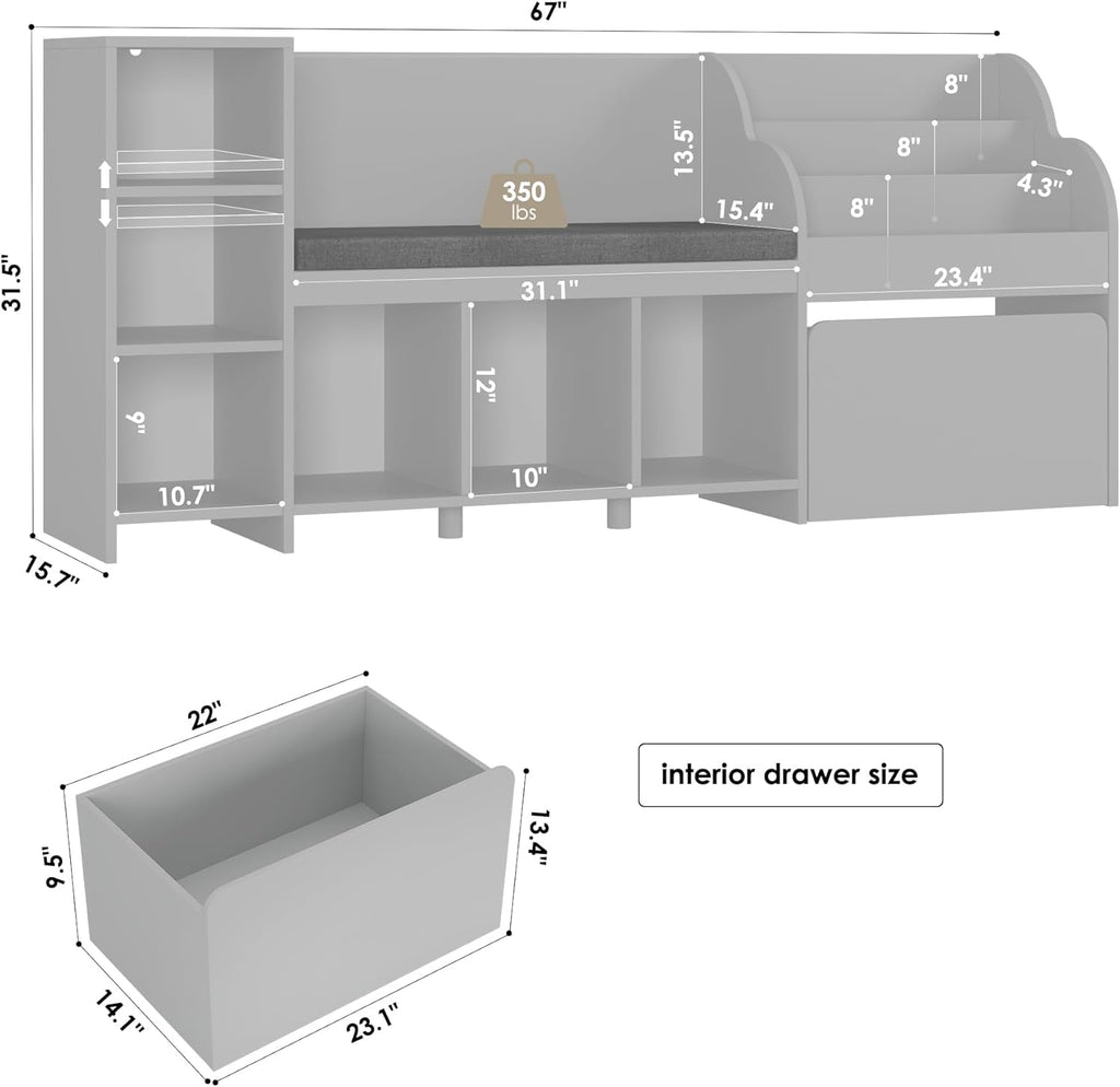 HOSTACK 67" W Kids Reading Nook with Toy Storage Organizer, Large Kids Bookshelf with Toy Storage Box on Wheels, Big Kid Bookcase with Bench and 6 Open Cubbies for Playroom, Kid Room, Grey