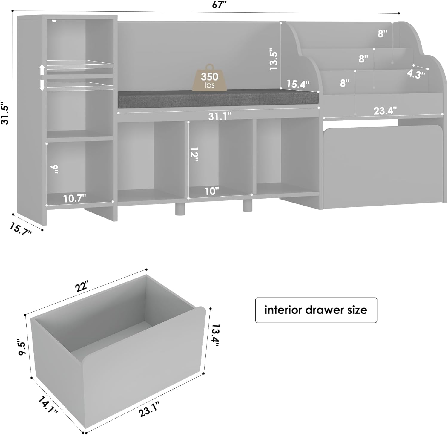 HOSTACK 67" W Kids Reading Nook with Toy Storage Organizer, Large Kids Bookshelf with Toy Storage Box on Wheels, Big Kid Bookcase with Bench and 6 Open Cubbies for Playroom, Kid Room, Grey