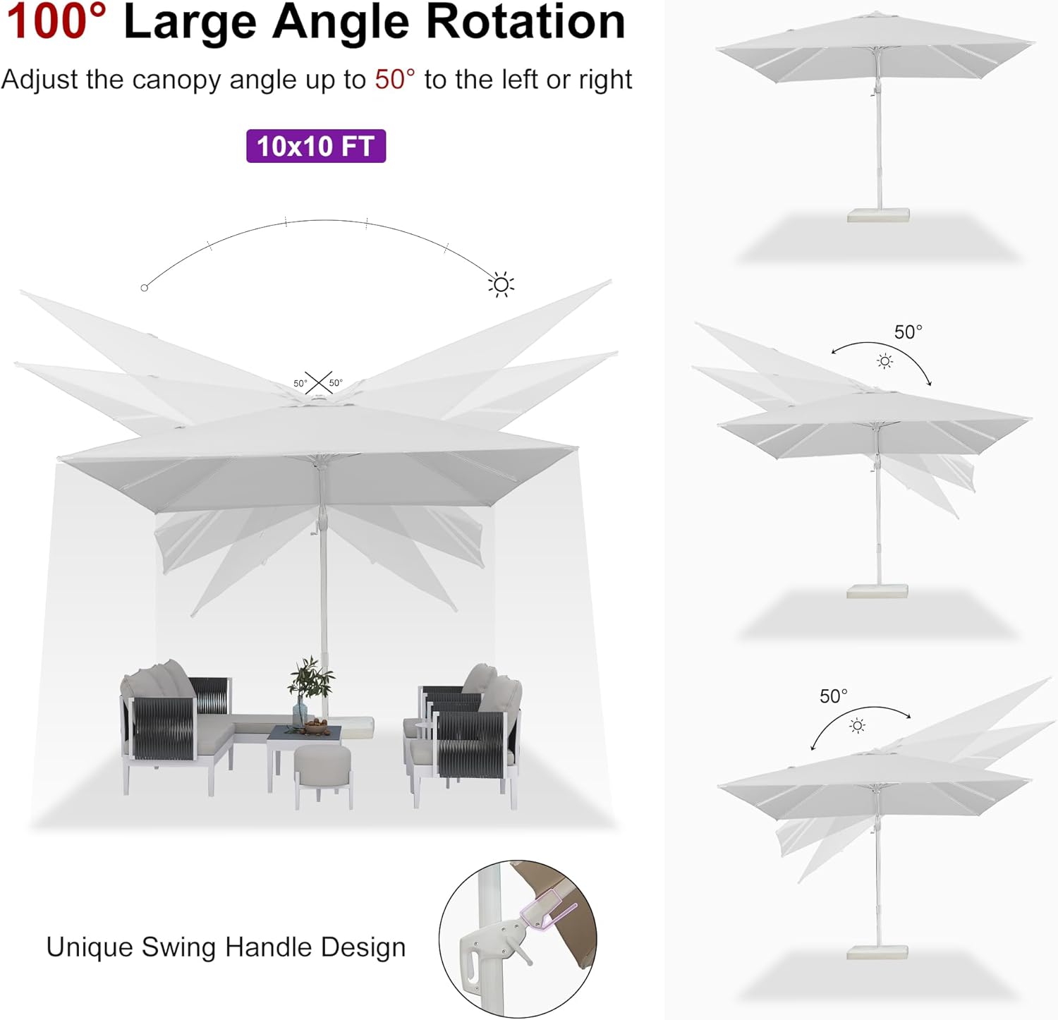 PURPLE LEAF 10 FT Right-left Tilt Patio Umbrella Swivel White Cantilever Umbrella with Tilt Aluminum Outdoor Umbrella with 360° Rotation for Deck Pool Garden, White