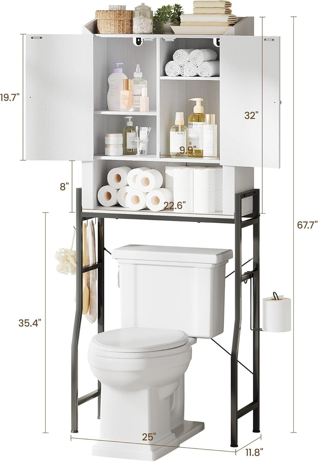 Memobarco Over The Toilet Storage Cabinet, Over Toilet Organizer with 2-Door & Metal Stand, Bathroom Organizers and Storage with Adjustable Shelves for Bathroom, Restroom, Laundry, White