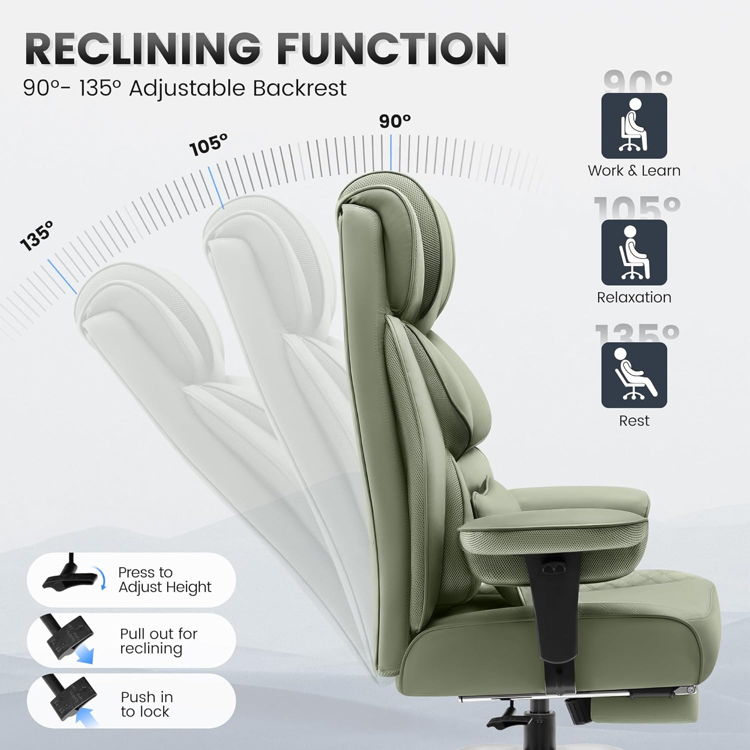 BestGlory Office Desk Chair, Big and Tall Leather Gaming Chair with Footrest, Wide Ergonomic Comfy Executive High-Back Reclining Computer Chairs, Swivel Rolling Wheels and Padded Lumbar Support, Green
