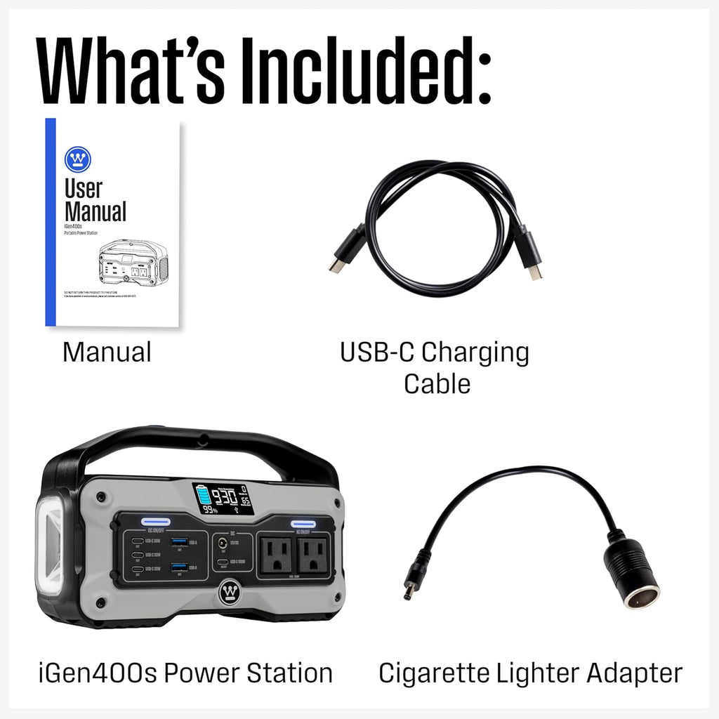 Westinghouse iGen400s 400 Watt, 183Wh Portable Power Station and Solar Generator with LED and DC Outlet for Camping, Home, Travel, Indoor/Outdoor Use (Solar Panel Not Included)