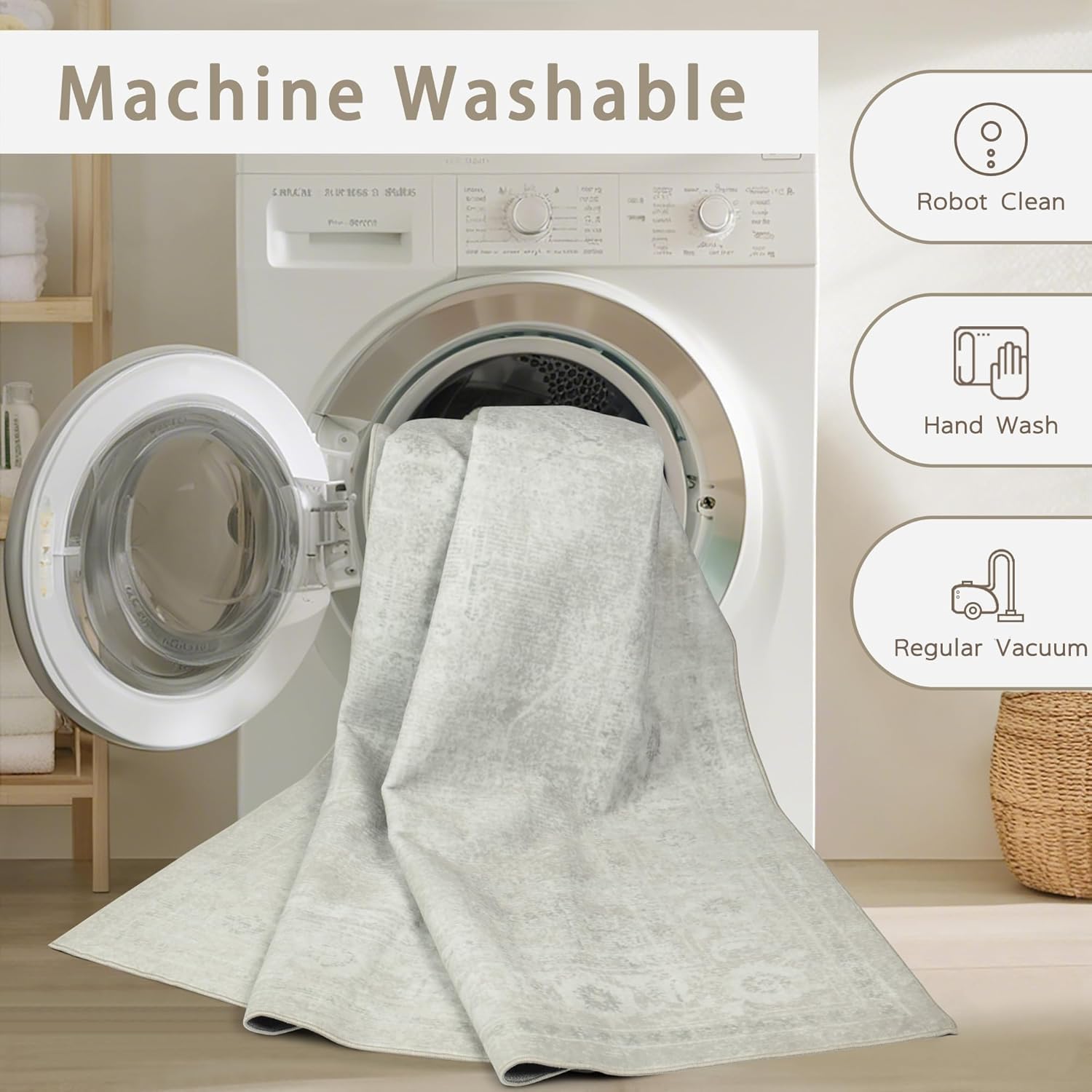 Srugn Washable Rugs 5x7 Area Rugs for Living Room,Bedroom,Large Carpets,Ultra Soft Faux Wool Retro Dining Room Rug,Non Slip&Non-Shedding Low Pile Vintage Rugs for Home Office,Concrete Grey