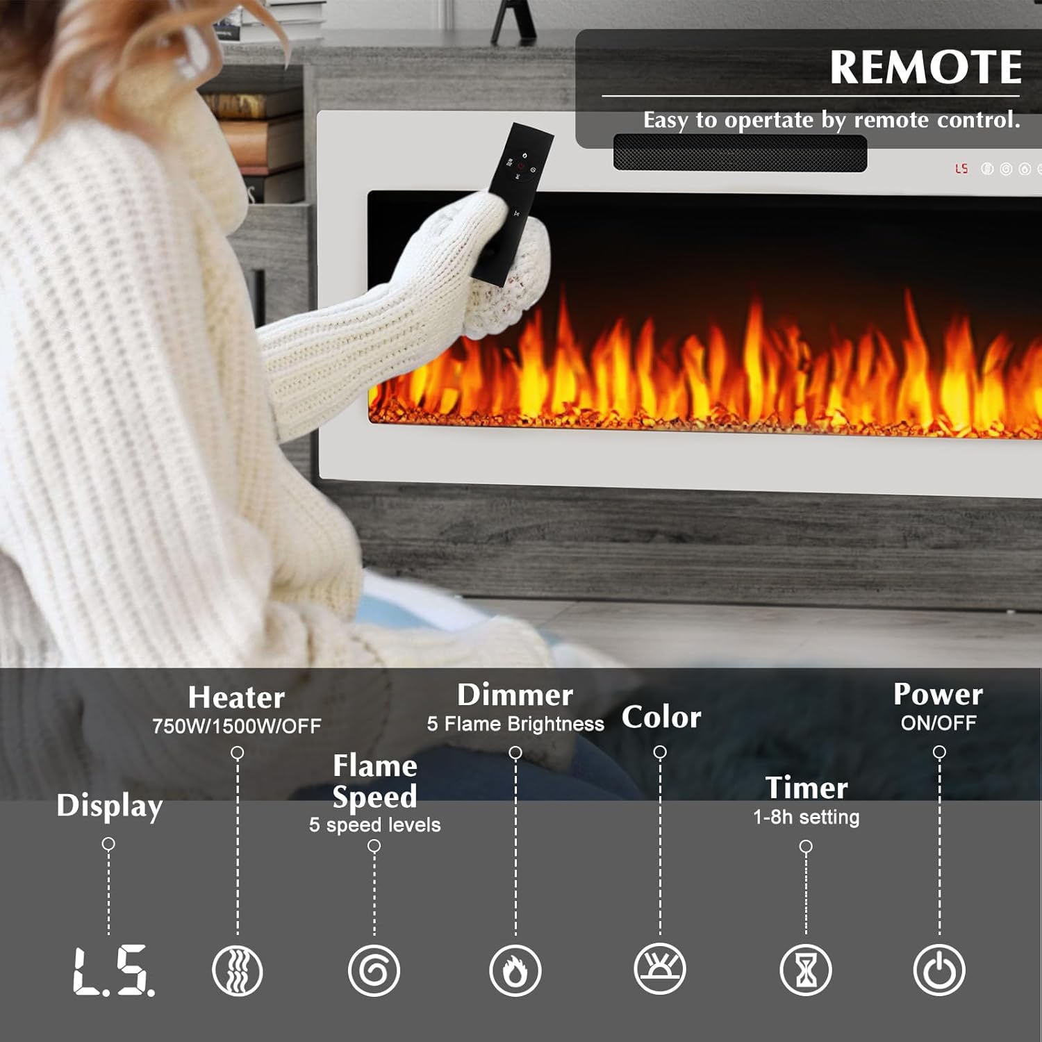Lemberi Fireplace tv Stand with 36 inch White Fireplace Up to 80" TVs,LED Light Entertainment Center and Storage, 70" Modern Wood Media TV Console with Highlight Cabinet for Living Room (Gray)