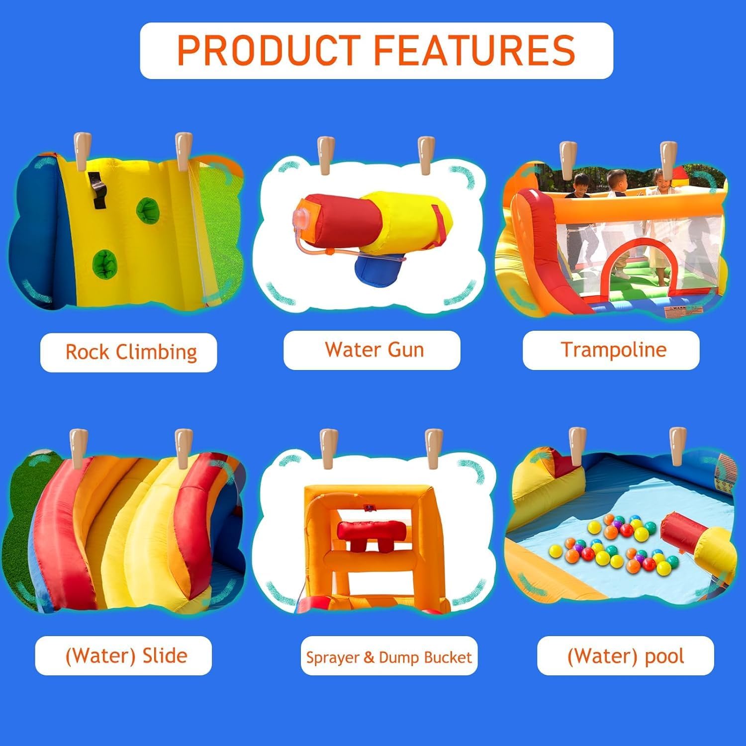 HuaKastro Inflatable Water Slide Bounce House for Kids with Pool, 5-in-1 Indoor/Outdoor Blow Up Play Center for Climbing, Sliding, Jumping & Splashing Fun, Blower Included
